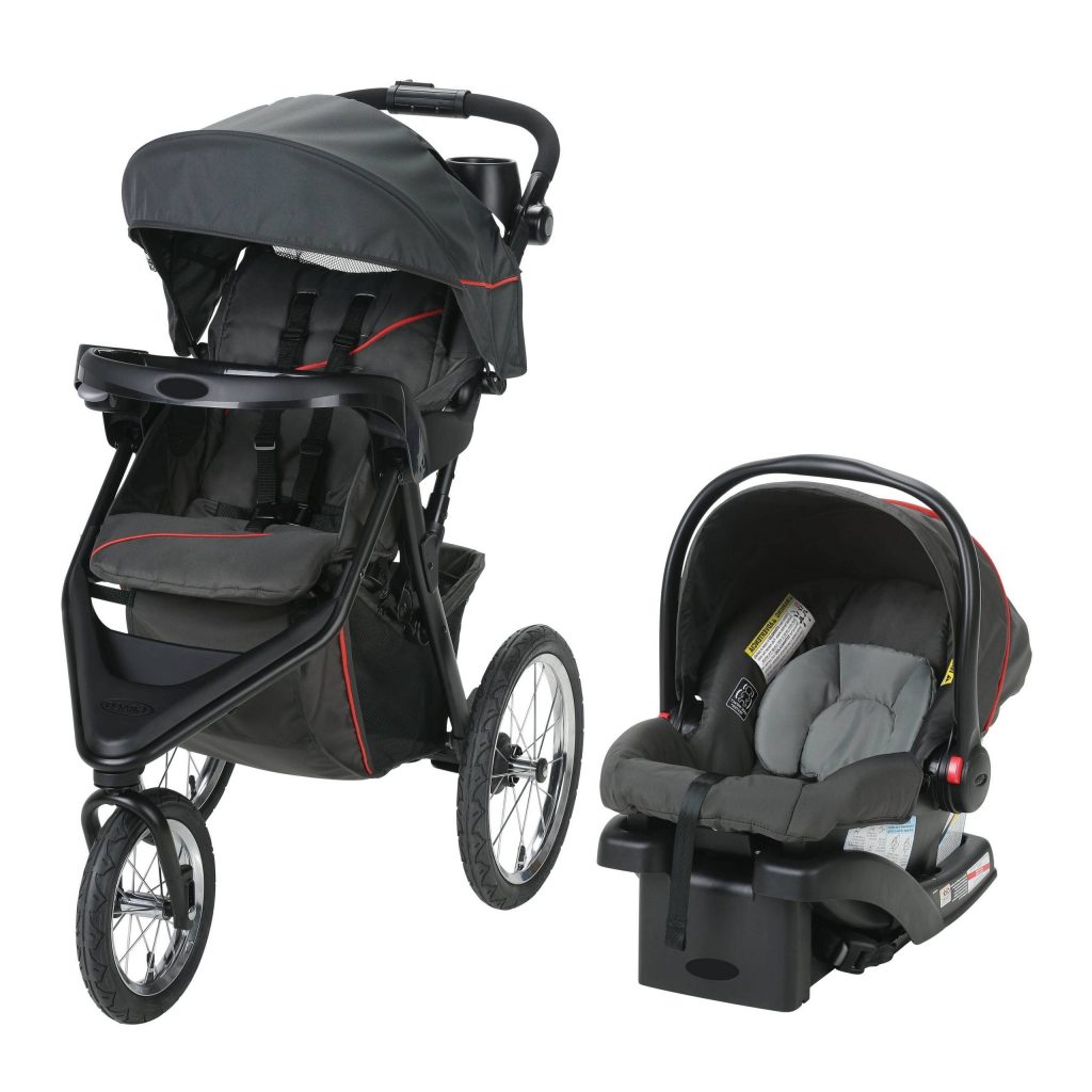 A jogging stroller with car seat