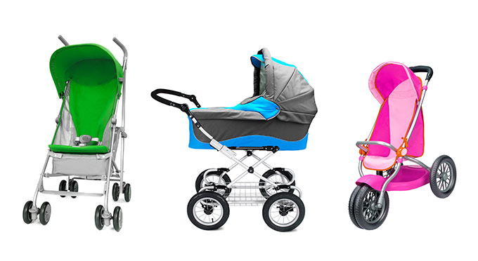 from left to right: an umbrella stroller, a bassinet stroller, a small stroller